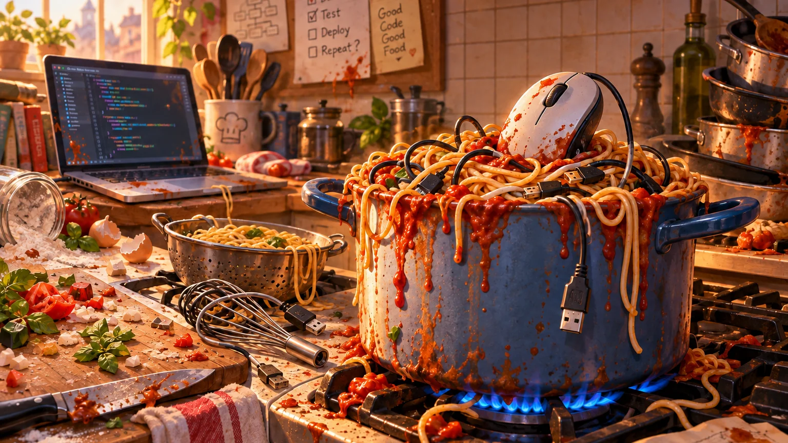 A pot overflowing with spaghetti, computer cables, and a mouse beside a laptop displaying code in a messy kitchen.