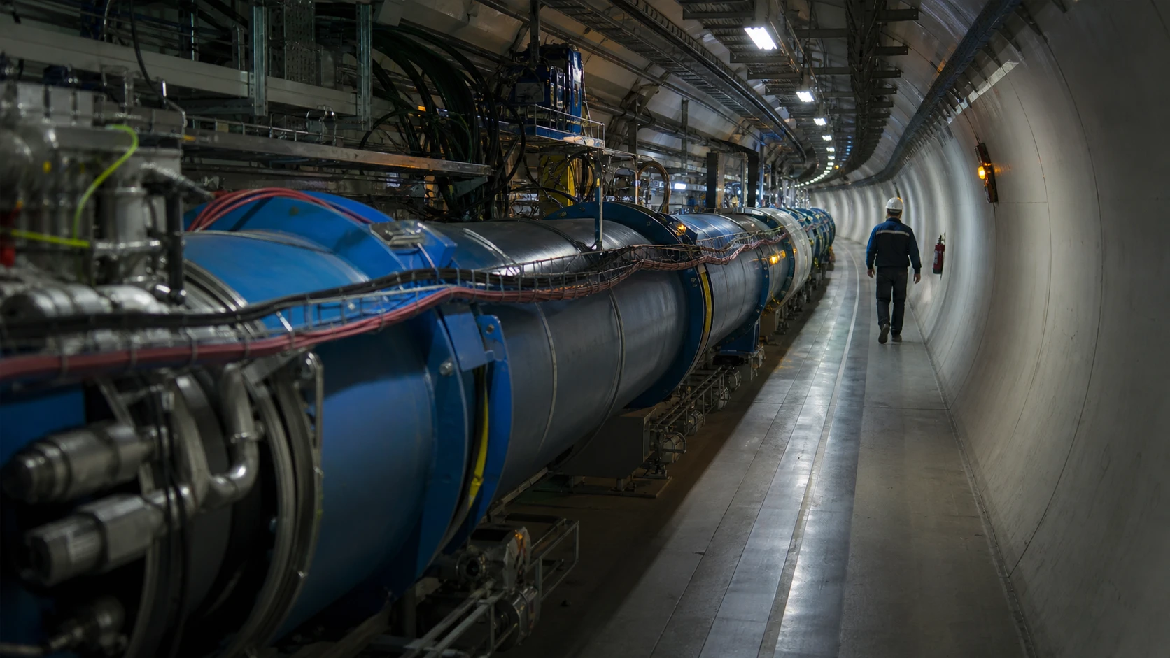 An engineer walking beside particle accelerator equipment as it follows the curve of an underground collider tunnel.