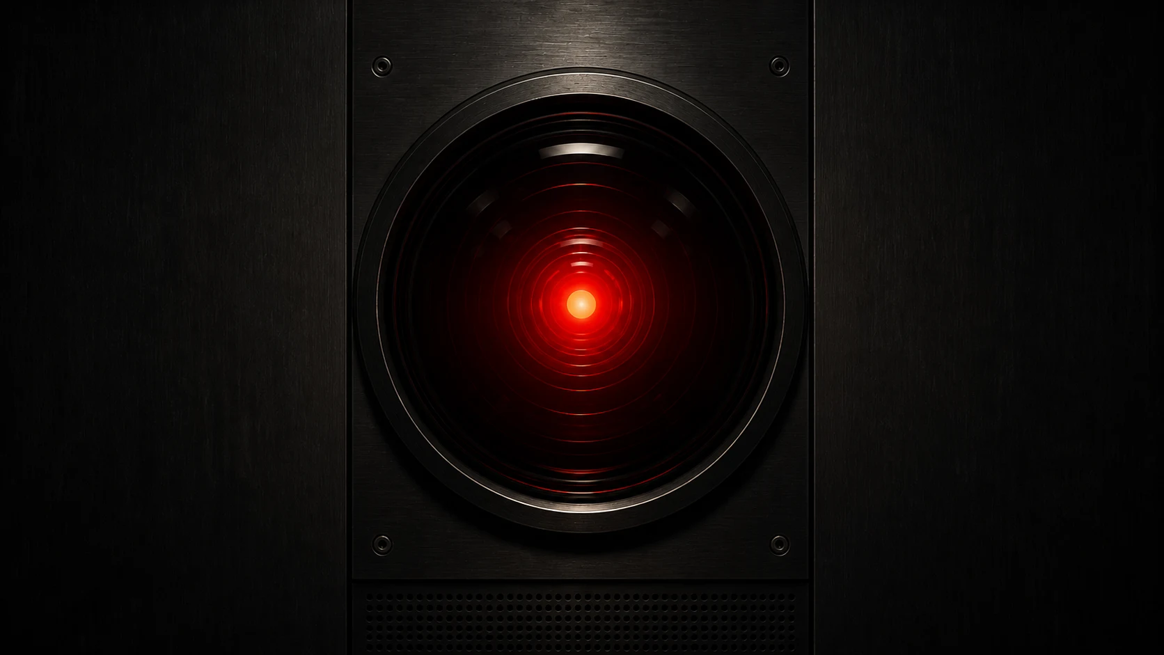 A HAL-inspired glowing red camera eye set into a dark brushed-metal panel.