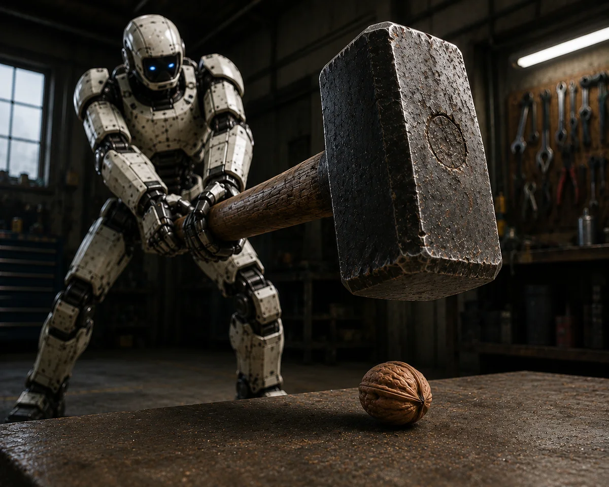 A robot using a large sledgehammer to crack a single nut on a workshop table.