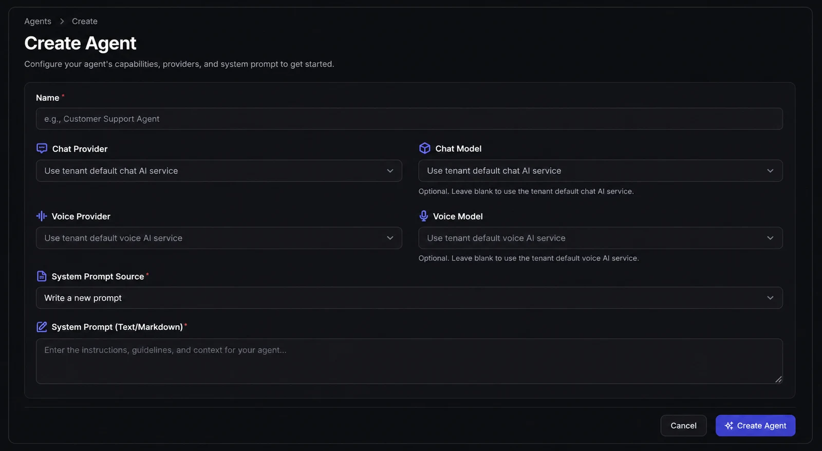 Guanta create agent screen with model, provider, and prompt configuration.