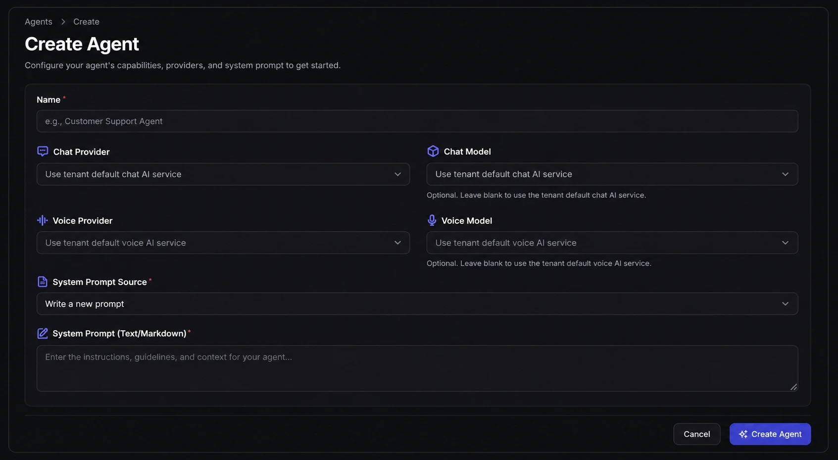 Guanta create agent screen with model, provider, and prompt configuration.